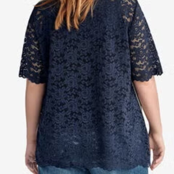 ELLOS Navy Side-Stripe Elbow-Length Lace Tunic‎ Tee w/Camisole (Plus 1X) - Picture 2 of 11